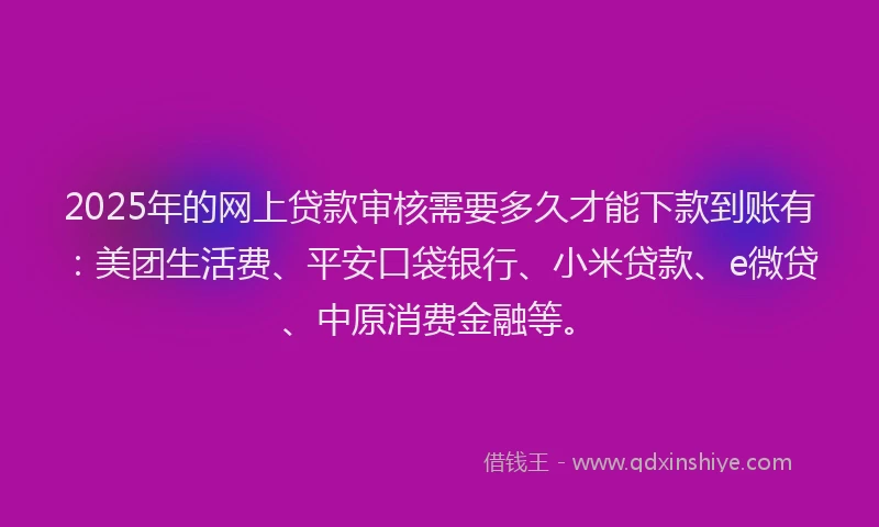 2025年的网上贷款审核需要多久才能下款到账有：美团生活费、平安口袋银行、小米贷款、e微贷、中原消费金融等。