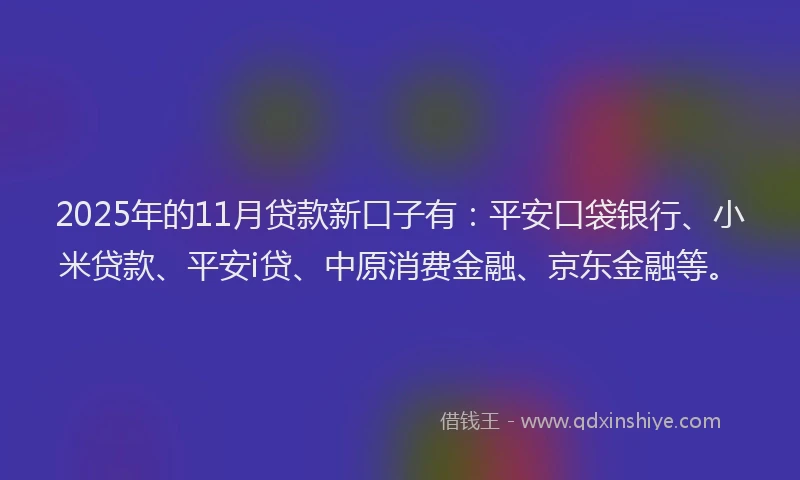 2025年的11月贷款新口子有：平安口袋银行、小米贷款、平安i贷、中原消费金融、京东金融等。