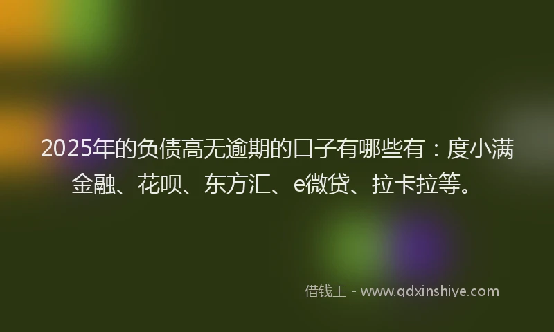 2025年的负债高无逾期的口子有哪些有：度小满金融、花呗、东方汇、e微贷、拉卡拉等。
