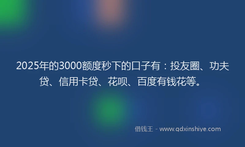 2025年的3000额度秒下的口子有：投友圈、功夫贷、信用卡贷、花呗、百度有钱花等。