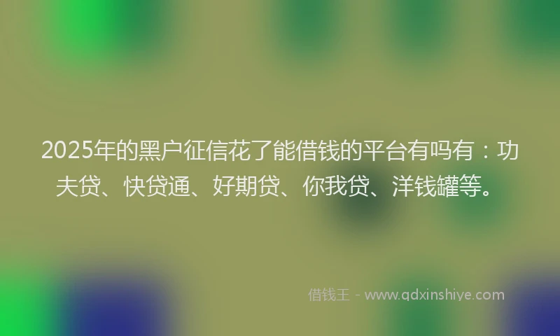 2025年的黑户征信花了能借钱的平台有吗有：功夫贷、快贷通、好期贷、你我贷、洋钱罐等。