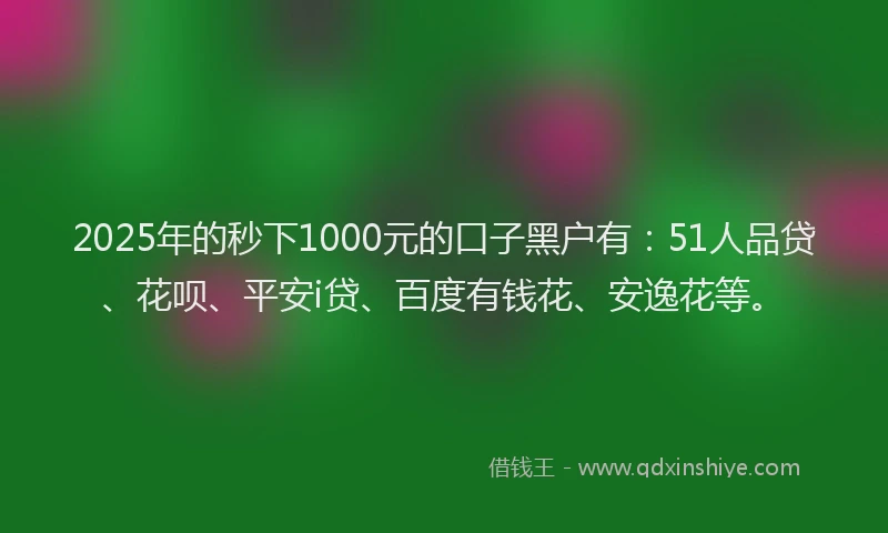 2025年的秒下1000元的口子黑户有：51人品贷、花呗、平安i贷、百度有钱花、安逸花等。