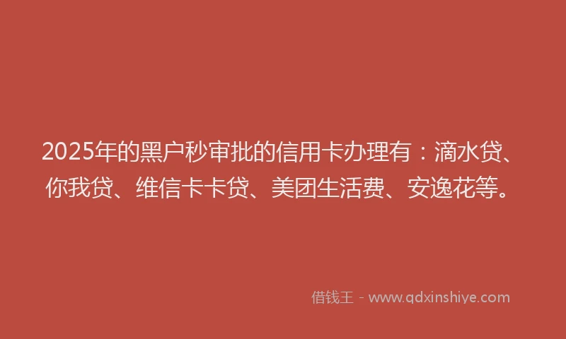 2025年的黑户秒审批的信用卡办理有：滴水贷、你我贷、维信卡卡贷、美团生活费、安逸花等。