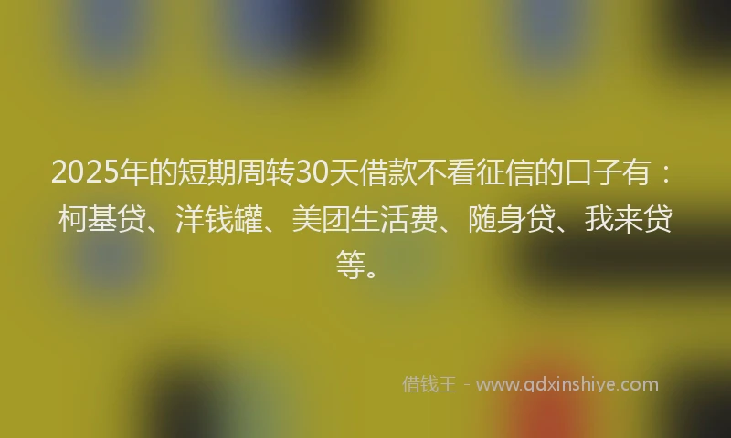 2025年的短期周转30天借款不看征信的口子有：柯基贷、洋钱罐、美团生活费、随身贷、我来贷等。