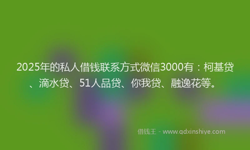 2025年的私人借钱联系方式微信3000有：柯基贷、滴水贷、51人品贷、你我贷、融逸花等。