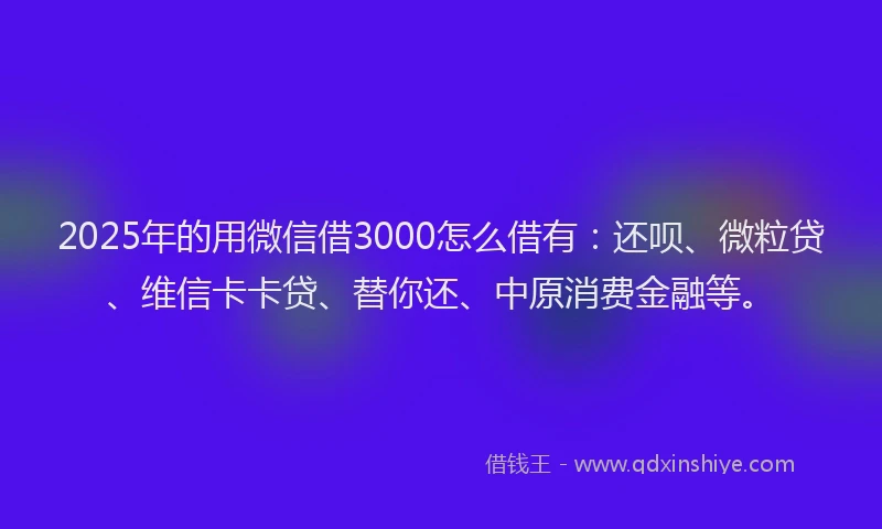 2025年的用微信借3000怎么借有：还呗、微粒贷、维信卡卡贷、替你还、中原消费金融等。