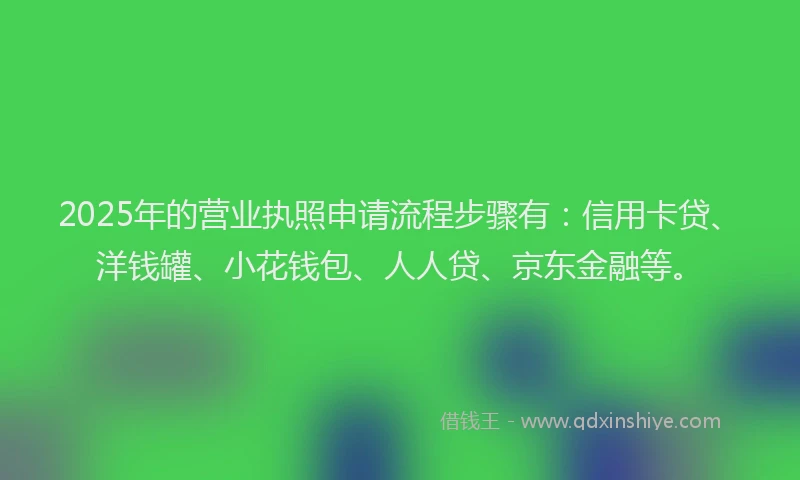 2025年的营业执照申请流程步骤有：信用卡贷、洋钱罐、小花钱包、人人贷、京东金融等。