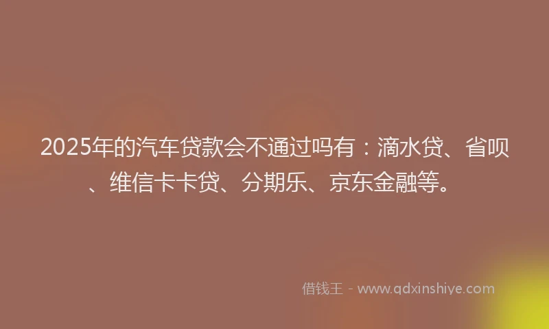 2025年的汽车贷款会不通过吗有：滴水贷、省呗、维信卡卡贷、分期乐、京东金融等。