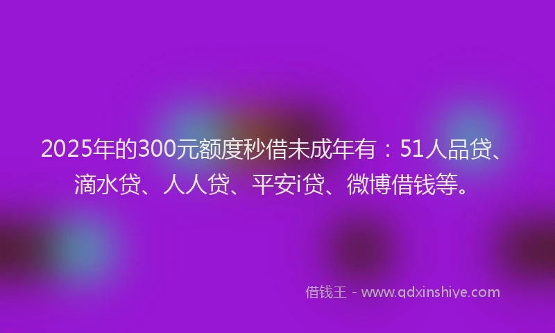 2025年的300元额度秒借未成年有：51人品贷、滴水贷、人人贷、平安i贷、微博借钱等。