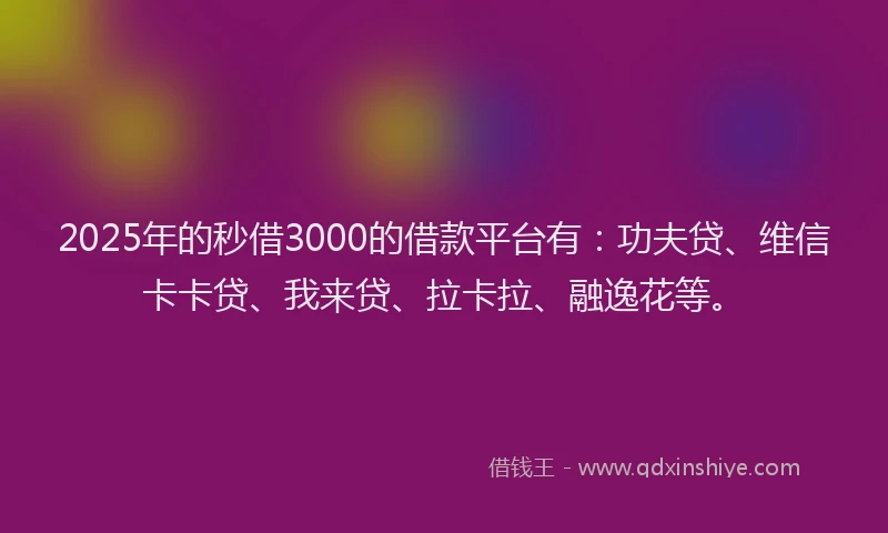 2025年的秒借3000的借款平台有：功夫贷、维信卡卡贷、我来贷、拉卡拉、融逸花等。