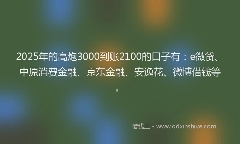 2025年的高炮3000到账2100的口子有：e微贷、中原消费金融、京东金融、安逸花、微博借钱等。