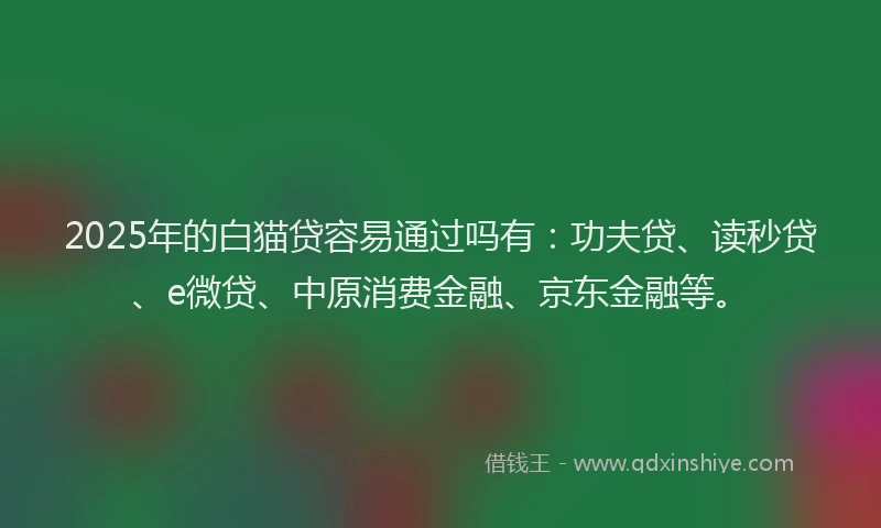 2025年的白猫贷容易通过吗有：功夫贷、读秒贷、e微贷、中原消费金融、京东金融等。