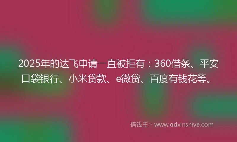 2025年的达飞申请一直被拒有：360借条、平安口袋银行、小米贷款、e微贷、百度有钱花等。