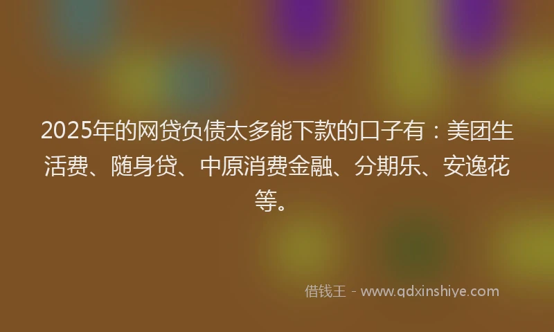 2025年的网贷负债太多能下款的口子有：美团生活费、随身贷、中原消费金融、分期乐、安逸花等。