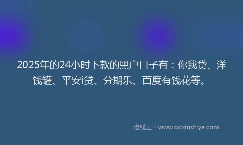 2025年的24小时下款的黑户口子有：你我贷、洋钱罐、平安i贷、分期乐、百度有钱花等。