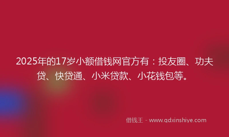 2025年的17岁小额借钱网官方有：投友圈、功夫贷、快贷通、小米贷款、小花钱包等。