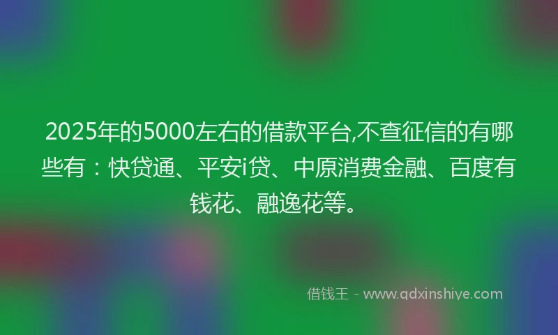 2025年的5000左右的借款平台,不查征信的有哪些有：快贷通、平安i贷、中原消费金融、百度有钱花、融逸花等。