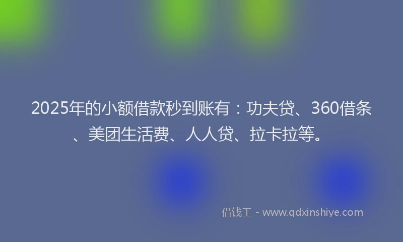 2025年的小额借款秒到账有：功夫贷、360借条、美团生活费、人人贷、拉卡拉等。