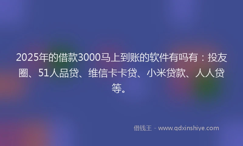 2025年的借款3000马上到账的软件有吗有：投友圈、51人品贷、维信卡卡贷、小米贷款、人人贷等。