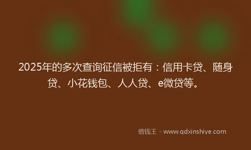 2025年的多次查询征信被拒有：信用卡贷、随身贷、小花钱包、人人贷、e微贷等。