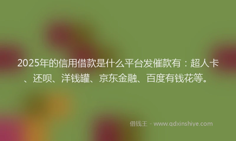 2025年的信用借款是什么平台发催款有：超人卡、还呗、洋钱罐、京东金融、百度有钱花等。