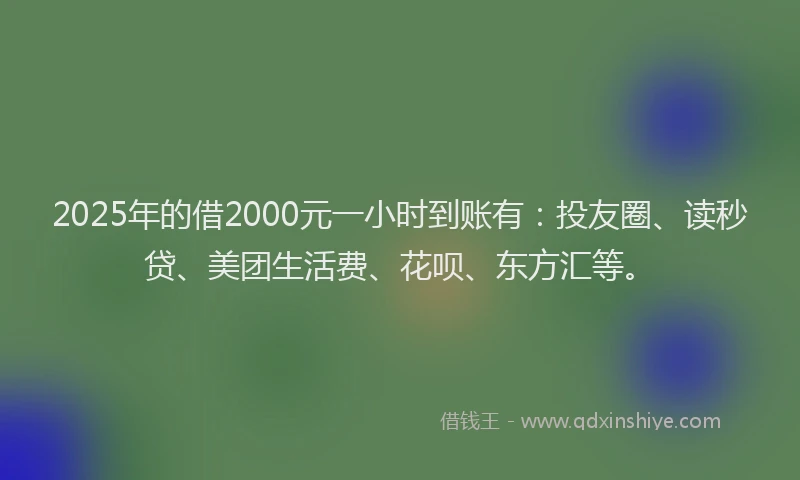 2025年的借2000元一小时到账有：投友圈、读秒贷、美团生活费、花呗、东方汇等。