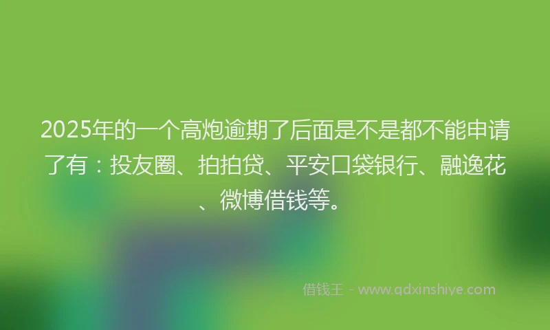 2025年的一个高炮逾期了后面是不是都不能申请了有：投友圈、拍拍贷、平安口袋银行、融逸花、微博借钱等。