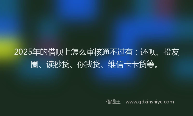 2025年的借呗上怎么审核通不过有：还呗、投友圈、读秒贷、你我贷、维信卡卡贷等。