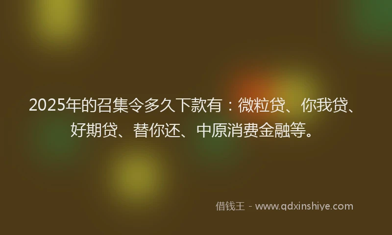 2025年的召集令多久下款有：微粒贷、你我贷、好期贷、替你还、中原消费金融等。