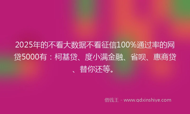 2025年的不看大数据不看征信100%通过率的网贷5000有：柯基贷、度小满金融、省呗、惠商贷、替你还等。