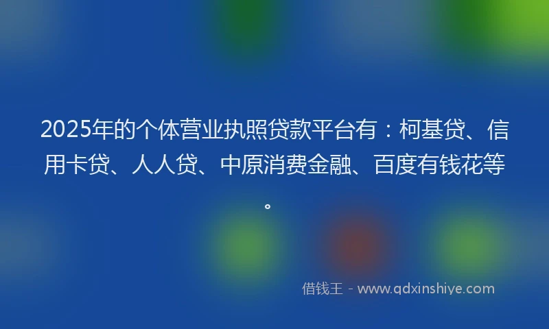 2025年的个体营业执照贷款平台有：柯基贷、信用卡贷、人人贷、中原消费金融、百度有钱花等。