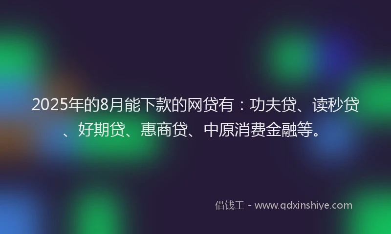 2025年的8月能下款的网贷有：功夫贷、读秒贷、好期贷、惠商贷、中原消费金融等。