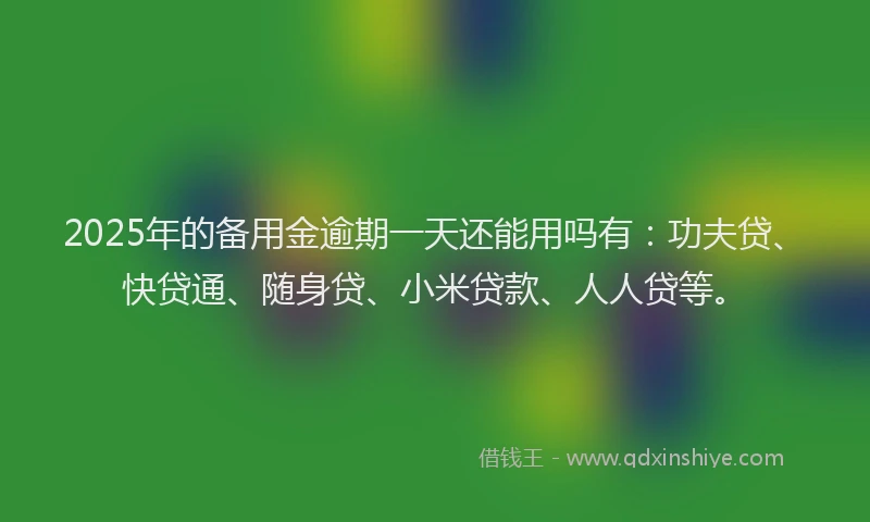 2025年的备用金逾期一天还能用吗有：功夫贷、快贷通、随身贷、小米贷款、人人贷等。