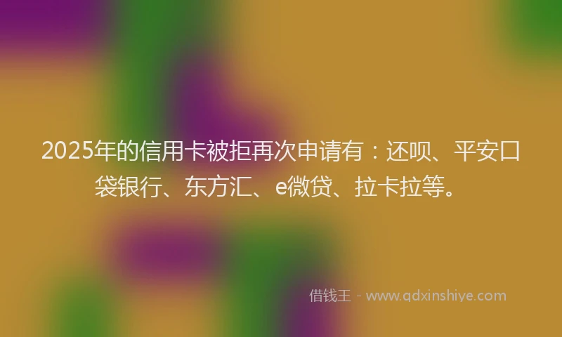 2025年的信用卡被拒再次申请有：还呗、平安口袋银行、东方汇、e微贷、拉卡拉等。