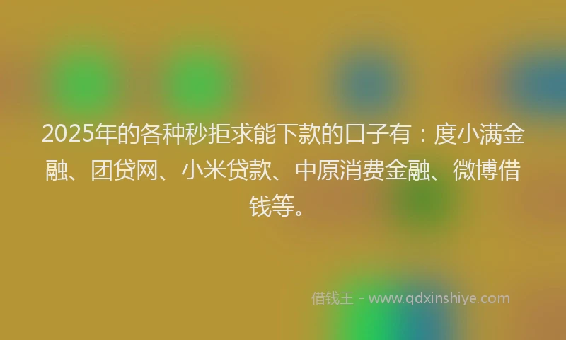 2025年的各种秒拒求能下款的口子有：度小满金融、团贷网、小米贷款、中原消费金融、微博借钱等。