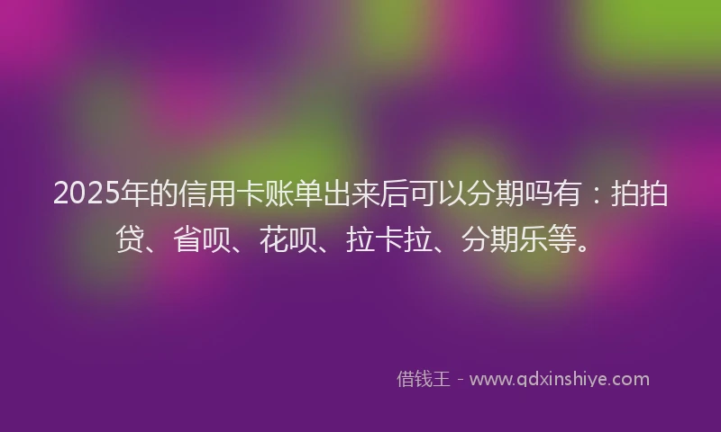 2025年的信用卡账单出来后可以分期吗有：拍拍贷、省呗、花呗、拉卡拉、分期乐等。