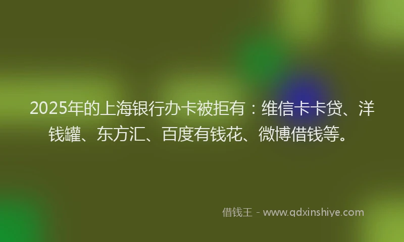 2025年的上海银行办卡被拒有：维信卡卡贷、洋钱罐、东方汇、百度有钱花、微博借钱等。