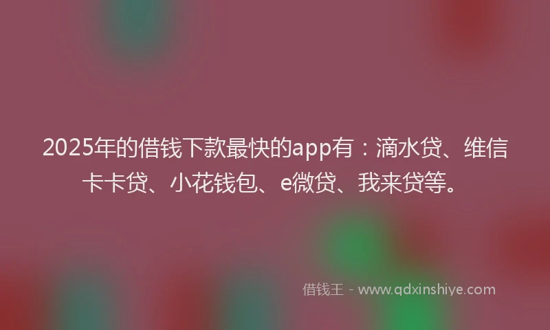 2025年的借钱下款最快的app有：滴水贷、维信卡卡贷、小花钱包、e微贷、我来贷等。