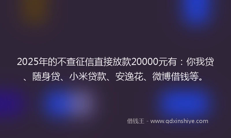 2025年的不查征信直接放款20000元有：你我贷、随身贷、小米贷款、安逸花、微博借钱等。