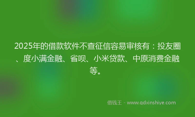 2025年的借款软件不查征信容易审核有：投友圈、度小满金融、省呗、小米贷款、中原消费金融等。