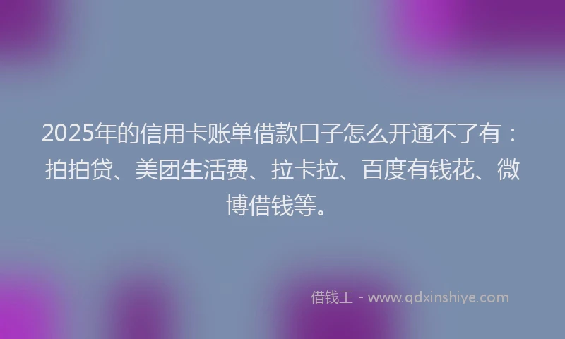 2025年的信用卡账单借款口子怎么开通不了有：拍拍贷、美团生活费、拉卡拉、百度有钱花、微博借钱等。