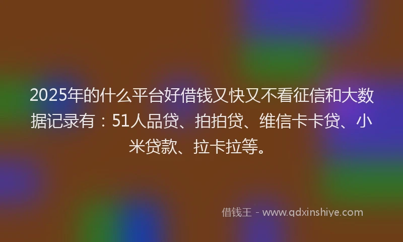 2025年的什么平台好借钱又快又不看征信和大数据记录有：51人品贷、拍拍贷、维信卡卡贷、小米贷款、拉卡拉等。