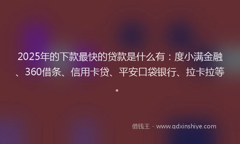2025年的下款最快的贷款是什么有：度小满金融、360借条、信用卡贷、平安口袋银行、拉卡拉等。