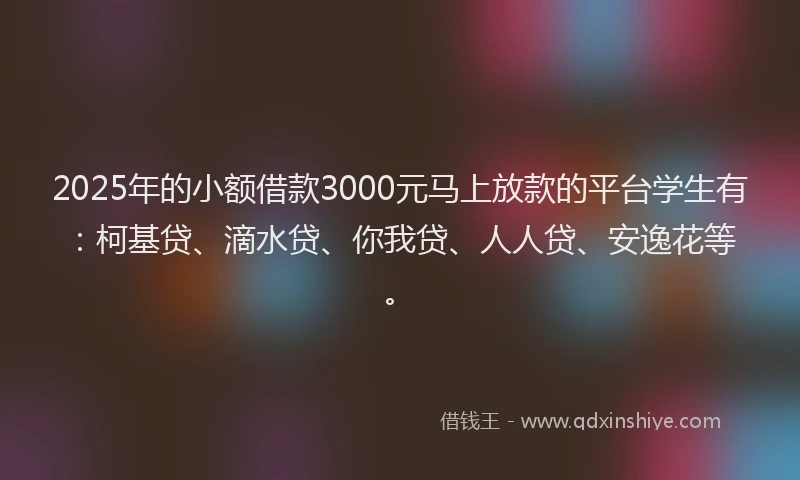 2025年的小额借款3000元马上放款的平台学生有：柯基贷、滴水贷、你我贷、人人贷、安逸花等。