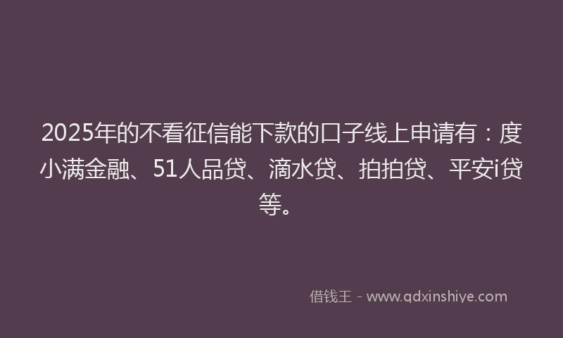 2025年的不看征信能下款的口子线上申请有：度小满金融、51人品贷、滴水贷、拍拍贷、平安i贷等。