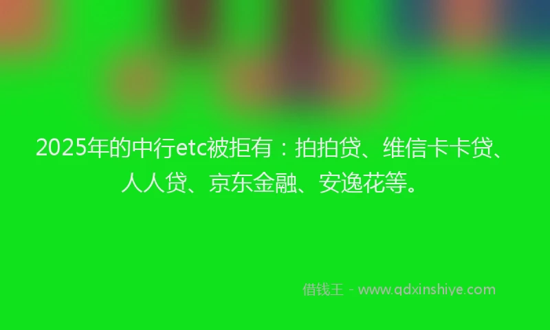 2025年的中行etc被拒有：拍拍贷、维信卡卡贷、人人贷、京东金融、安逸花等。