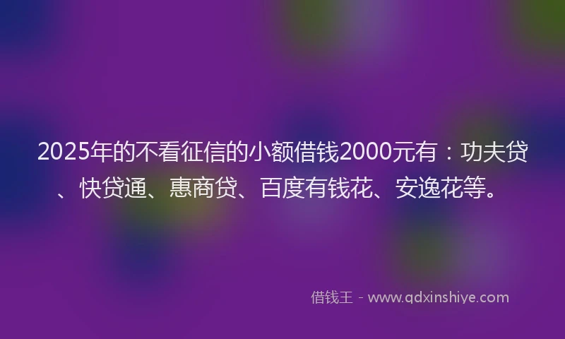 2025年的不看征信的小额借钱2000元有：功夫贷、快贷通、惠商贷、百度有钱花、安逸花等。