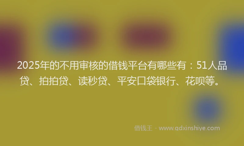 2025年的不用审核的借钱平台有哪些有：51人品贷、拍拍贷、读秒贷、平安口袋银行、花呗等。