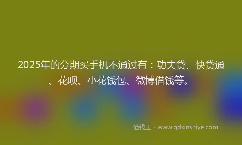 2025年的分期买手机不通过有：功夫贷、快贷通、花呗、小花钱包、微博借钱等。