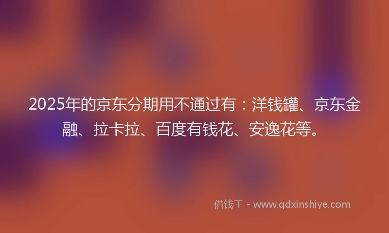 2025年的京东分期用不通过有：洋钱罐、京东金融、拉卡拉、百度有钱花、安逸花等。